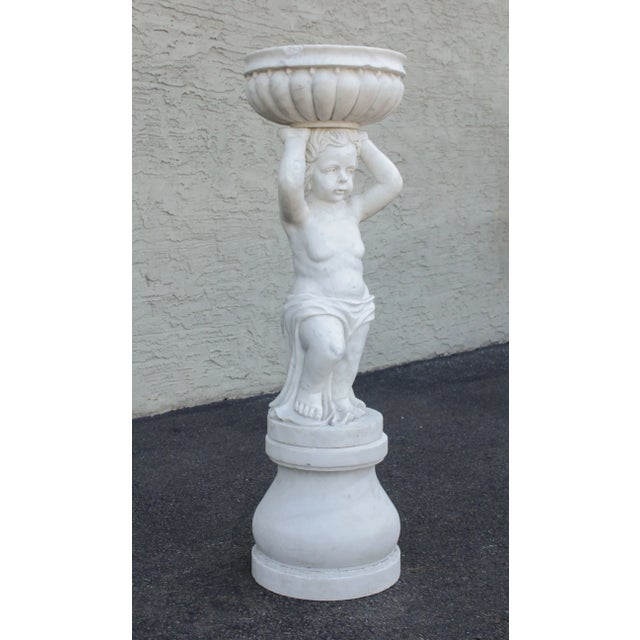High Quality Vintage Marble Carved Outdoor Garden Column Of Cherub or Putti Holding Basket
