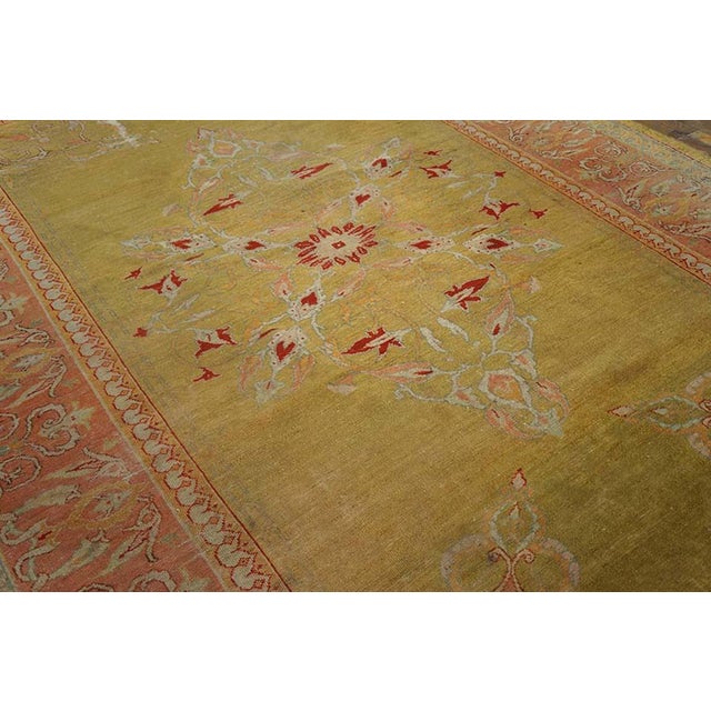 Exquisite Chartreuse Background With Medallion Design Antique Turkish Oushak Rug For Sale - Image 4 of 6