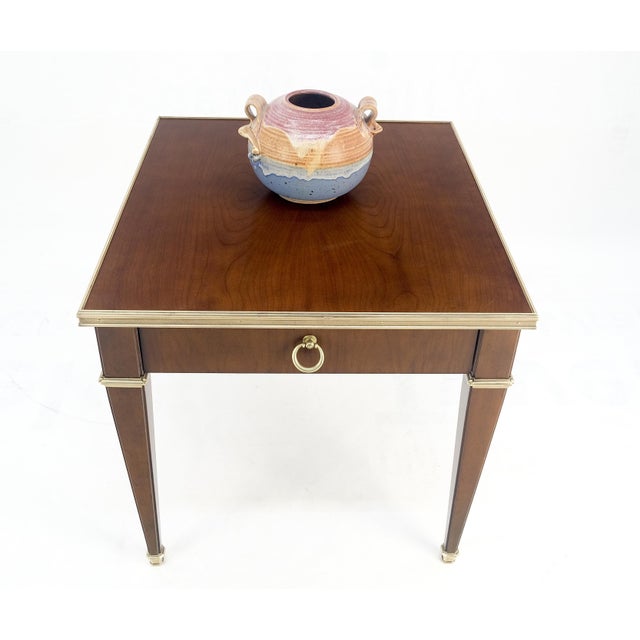 Baker Walnut & Brass Ring Drop Pull One Drawer Tapered Leg Side End Table MINT!