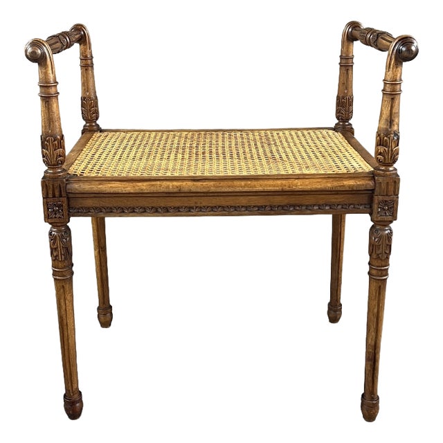 20th Century Carved Wooden Bench with Caning For Sale
