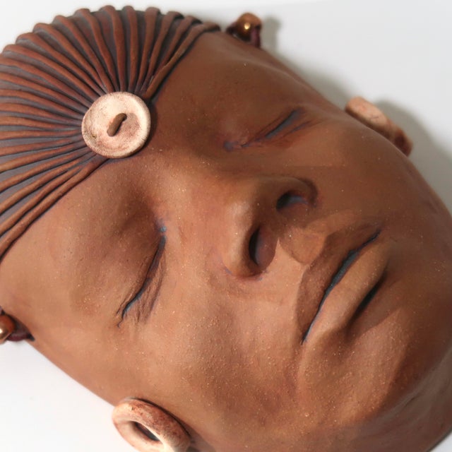 Chestnut Signed 90s Fine Art Hand-Formed Unglazed Earthenware Wall Sculpture of Face With Decorative Accents For Sale - Image 8 of 12