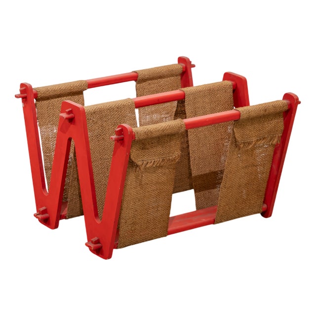 Vintage Brutalist Umbrella Stand in Red Lacquered Wood and Burlap, France, 1970s For Sale