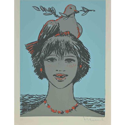 Salvatore Fiume, Portrait with Dove, 1970s, Screen Print For Sale