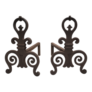 Antique Cast Iron Scroll & Fleur-De-Lis Fireplace Andirons — Pair, c.1900