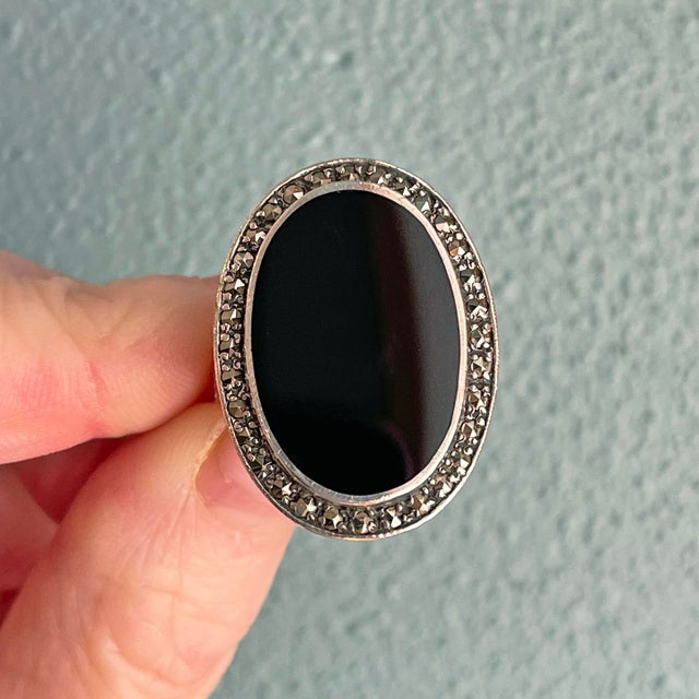 Black Antique Art Deco Onyx and Marcasite Cocktail Ring, C. 1920, Size 8 For Sale - Image 8 of 11