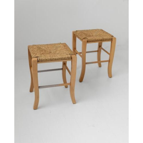 Brown Vintage Wooden Stools with Handwoven Straw Seats and Curved Legs, 1980s, Set of 2 For Sale - Image 8 of 11