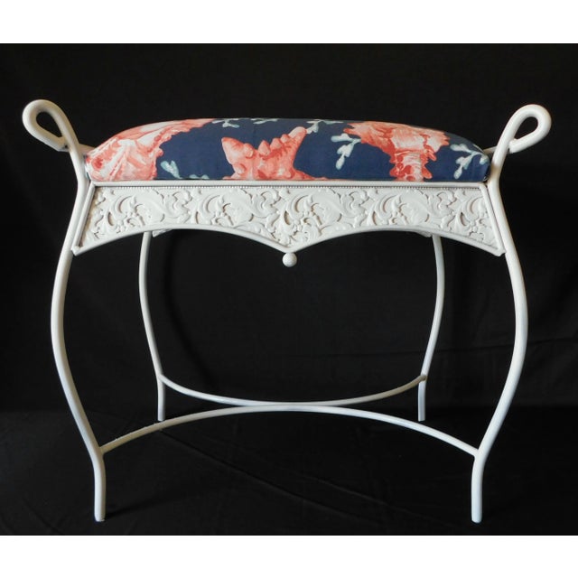 Vintage Mid Century White Iron Blue Coral Upholstered Vanity Stool Bench For Sale - Image 13 of 13