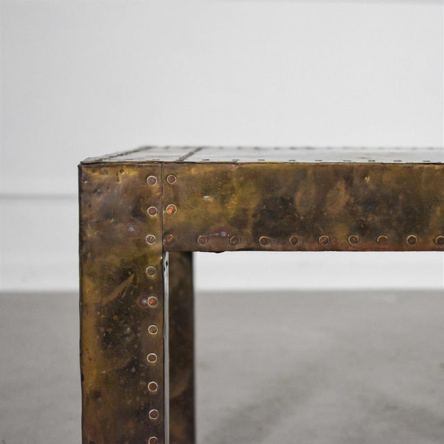 Brutalist 1970's Brass-Clad Riveted Sarried Style Parsons Occasional Table For Sale - Image 3 of 8