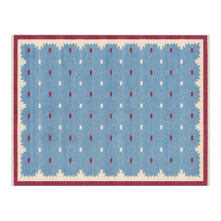 Handmade Cotton Vegetable Dyed Rug, Sky Blue and Pink Geometric Dhurrie-10'x14' For Sale