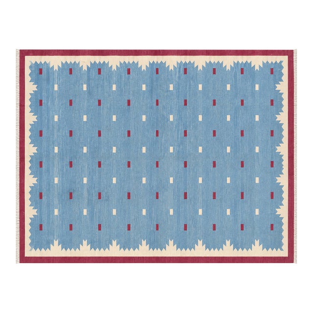 Handmade Cotton Vegetable Dyed Rug, Sky Blue and Pink Geometric Dhurrie-10'x14' For Sale