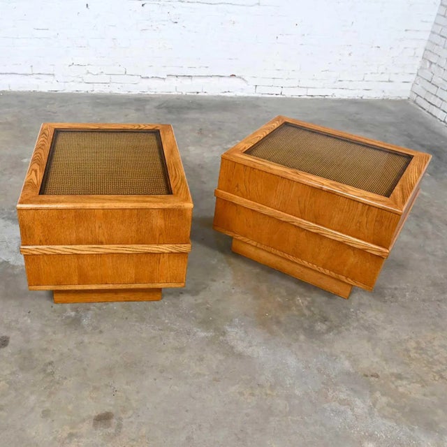 Modern Oak With Cane & Glass Insert Top & Pedestal Base Pair of End Tables or Nightstands For Sale - Image 13 of 13