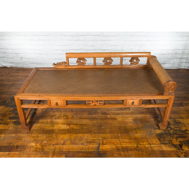 Asian Qing Dynasty 19th Century Lady's Opium Rattan Seat Daybed with Pillow For Sale - Image 3 of 12