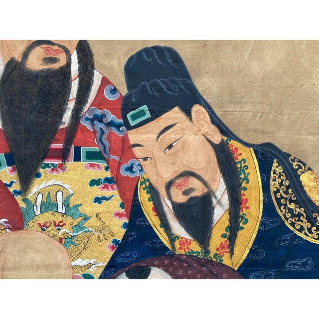 Chinoiserie Large Chinese Vintage Canvas Color Ink SanXing (Fu Lu Shou) Painting Art For Sale - Image 3 of 11