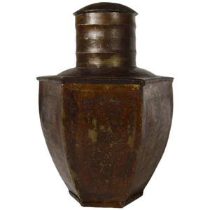 Vintage Indian Hand-Hammered Multi-Sided Tin Storage Canister From the 1930s