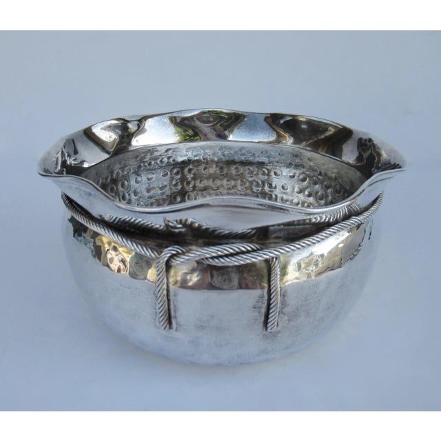 Vintage Mid-Century "Made in India" Hammered Silverplate Tassel Roped Cachepot/Decorative Center Bowl For Sale - Image 4 of 13