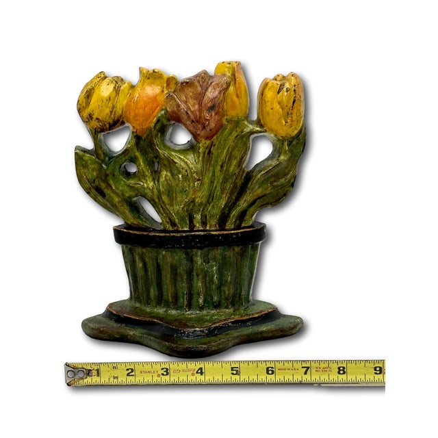 Large Antique American Cast Iron Tulip Flower Doorstop With Beautiful Original Hand Painted Features - 1920s For Sale - Image 18 of 18