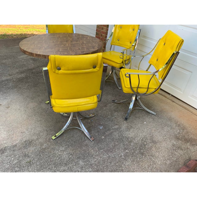 Plastic Set of Vintage Mid Century Chromes and Yellow Vinyls Four Chairs and Table For Sale - Image 7 of 8