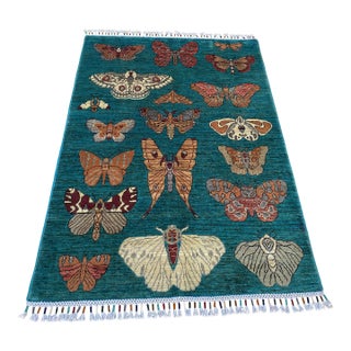 Teal Butterfly Moth Pictorial Hand-Knotted Wool Rug - 3'4" X 4'10" For Sale
