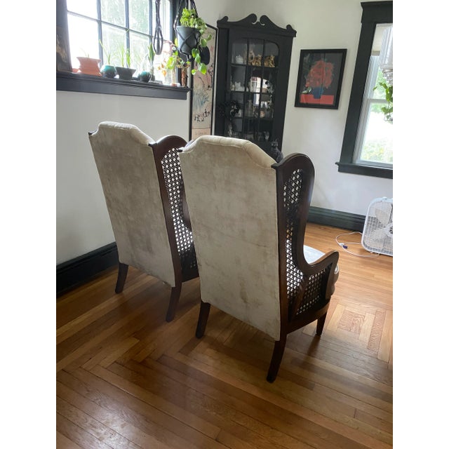 Wood Caned Wingback Velvet Chairs Pair by LeWittes For Sale - Image 7 of 16