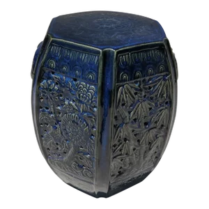 1980s Vintage Indigo Blue Glazed Hexagon Asian Pottery Garden Stool Table