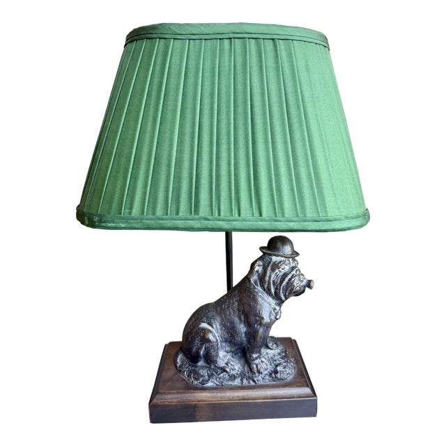 Vintage Mario Buatta Frederick Cooper Bronze Bulldog Lamp Original Green Shade For Sale