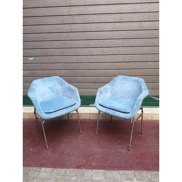 1970s Set of Blue Upholstery and Chrome Armchairs, 1970s For Sale - Image 5 of 10