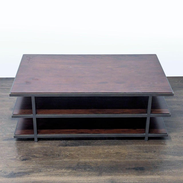 Wood shelves on a metal frame. Brand: Restoration Hardware. Dimensions (in): 50W x 30D x 18H.