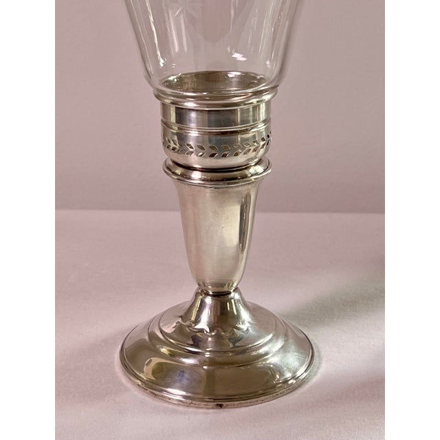 Metal Pair of Crown Sterling Silver Candlesticks With Etched Glass Hurricane Shades, C. 1940 For Sale - Image 7 of 14