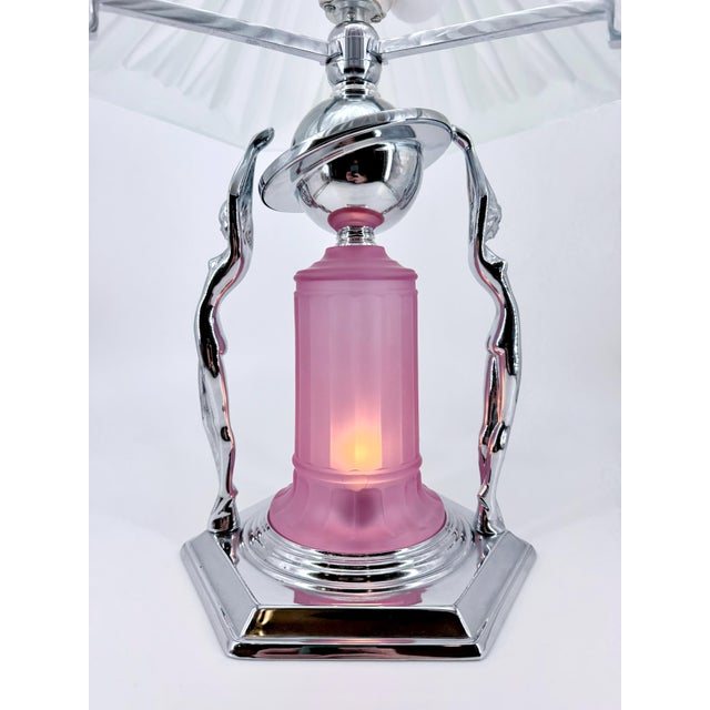 1980s Art Deco Frankart Style Chrome Table Lamp Pink Vianne Frosted Glass Nude Lady For Sale - Image 11 of 18