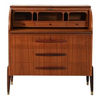 Teak Secretaire with Elongated Carved Handles, 1950s For Sale