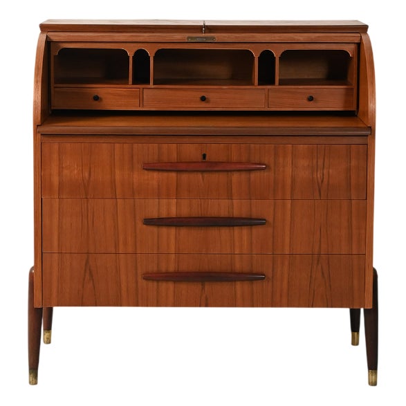 Teak Secretaire with Elongated Carved Handles, 1950s For Sale
