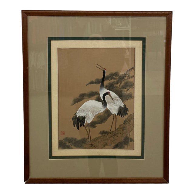 Framed Asian Crane Bird Artwork With Red Seal, Double-Matted Wood Frame, Vintage Decorative Wall Art Reproduction For Sale