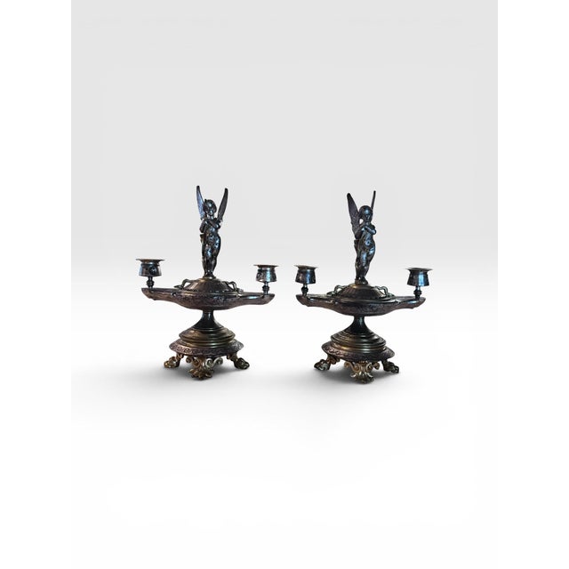 Pair of Antique Victorian Silver Plate Cherub Two-Light Candlesticks For Sale - Image 4 of 12