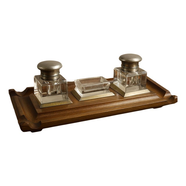 English Inkwell in Mahogany with Gilt Brass Trim, 1890s, Set of 2 For Sale