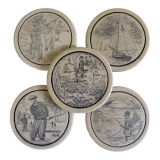 Mid 20th Century Comoys of London Set of English Sporting Scrimshaw Faux Whale Bone Ivory Coasters For Sale