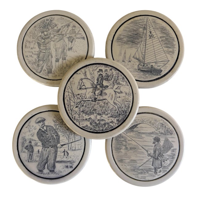 Mid 20th Century Comoys of London Set of English Sporting Scrimshaw Faux Whale Bone Ivory Coasters For Sale