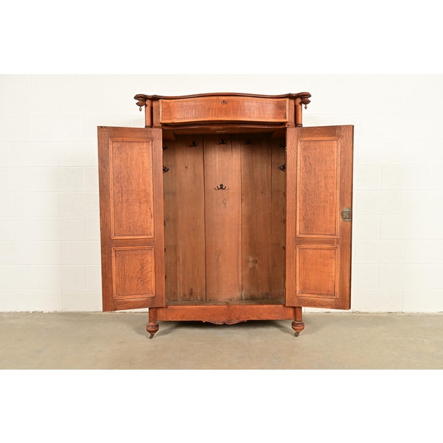 Late 19th Century Antique Victorian Carved Oak Wardrobe or Armoire Dresser, Circa 1890s For Sale - Image 5 of 17