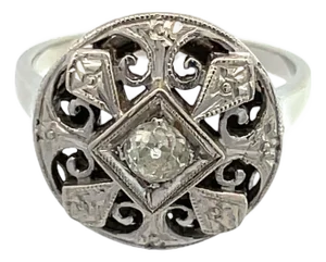 Vintage 14k Gold Diamond Carved Circle Milgrain Ring, Size 6