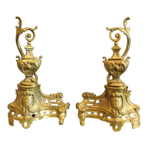 Beautiful Pair of Vintage French Baroque Brass Fireplace Andirons With Ewer Style Finial Design
