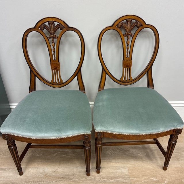 Mid 20th Century Mid 20th Century Classic Hepplewhite Style Shield Back Side Dining Chairs With Green Velvet and Trim Upholstery, Set of 4 For Sale - Image 5 of 11