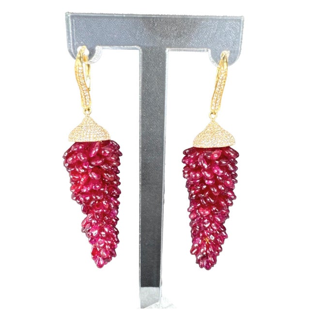 Vintage Style Red Pink Ruby Bead & Diamond Pave Earrings 18k Yellow Gold, A Pair For Sale - Image 4 of 5