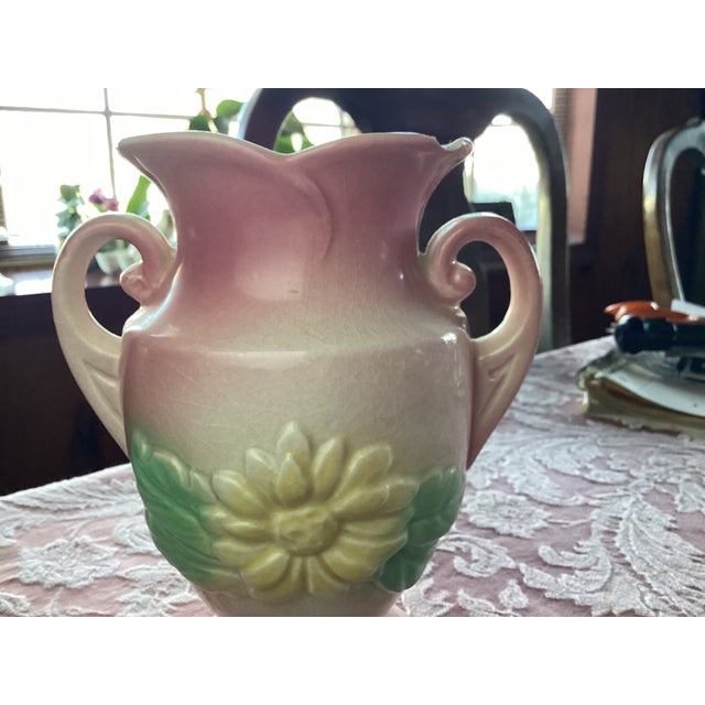 Mid Century Usa Pottery Vase With Raised Yellow Florals Mold 76-10 For Sale - Image 4 of 5