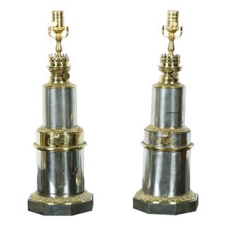 1920s French Gagneau Paris Steel and Brass Table Lamps with Waterleaves - Pair For Sale