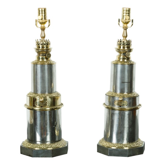 1920s French Gagneau Paris Steel and Brass Table Lamps with Waterleaves - Pair For Sale