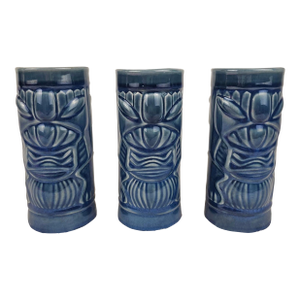1970s Hollywood Regency Libbey Blue Ceramic Tiki Mugs - Set of 3