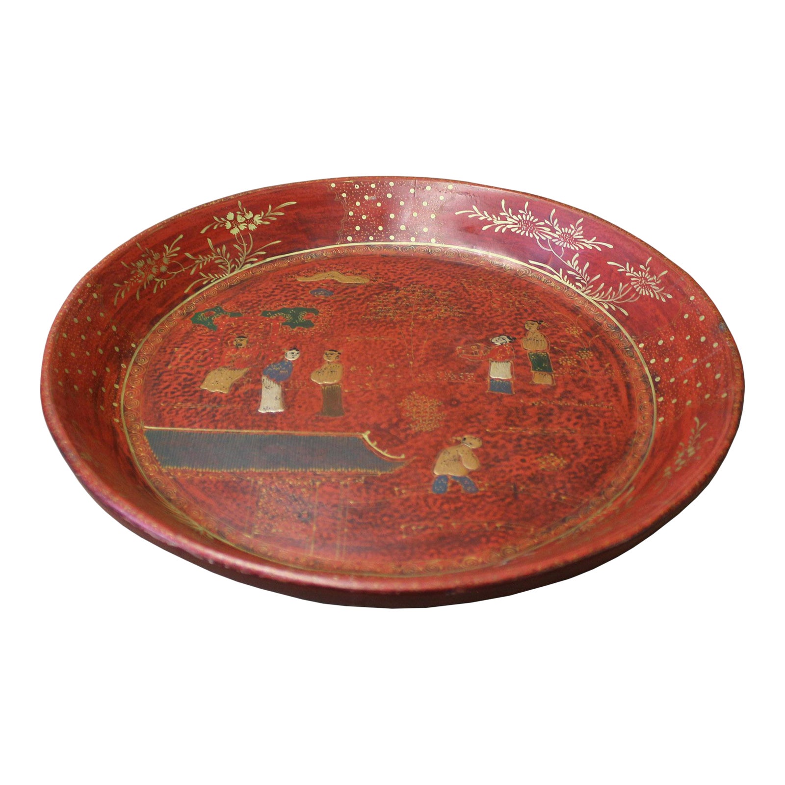 Chinese Red Lacquer Golden Scenery Round Tray Display Art Chairish