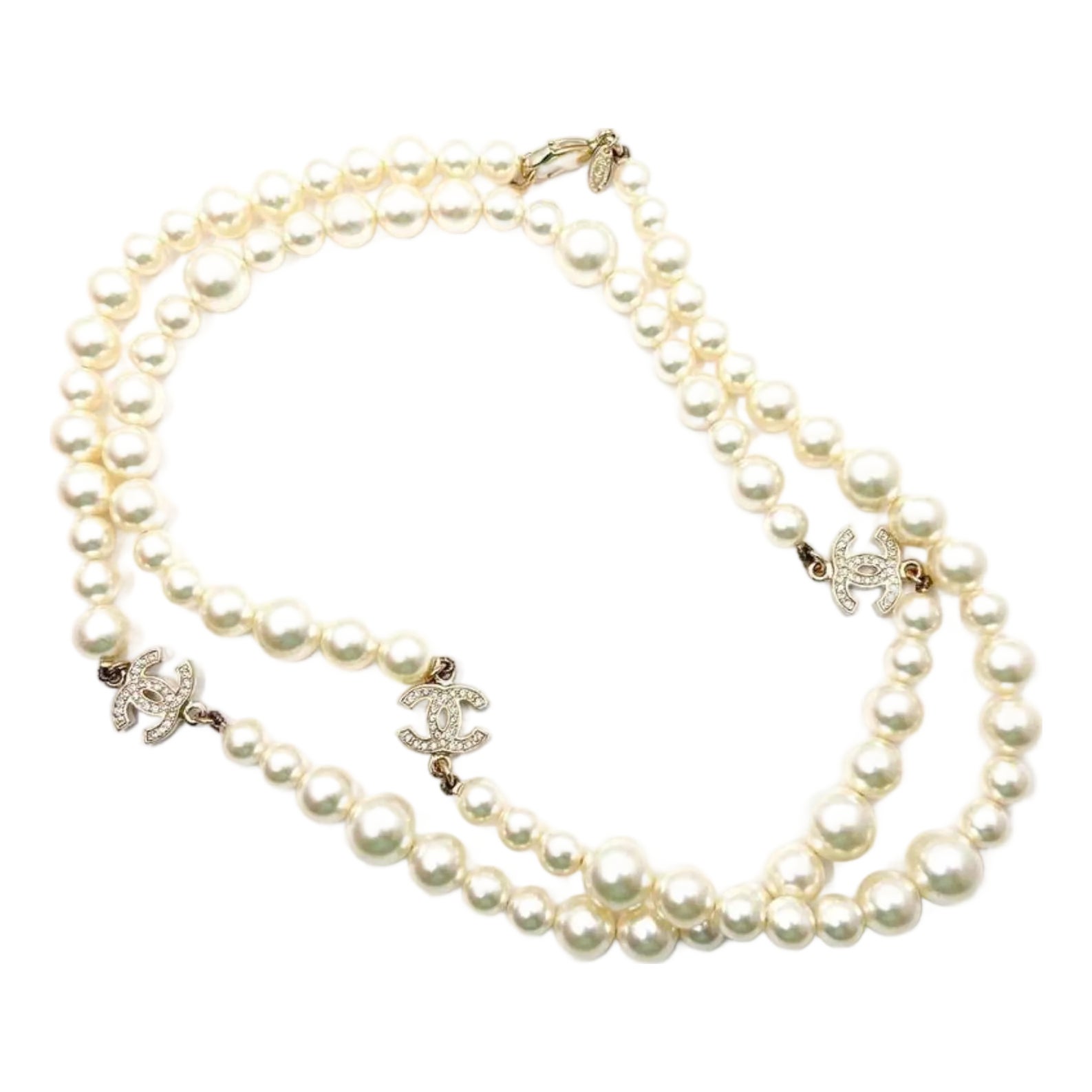 Chanel Classic 3 Gold CC Crystal Long Pearl Necklace | Chairish