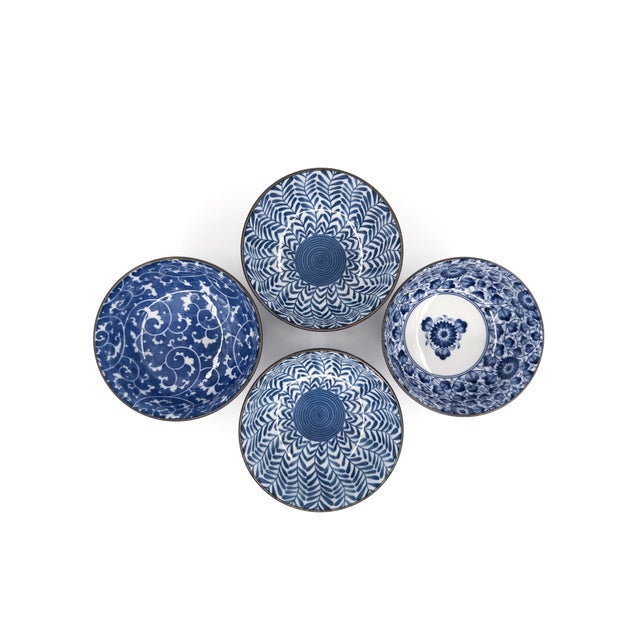 Hand-Painted Japanese Blue & White Porcelain Bowls Mixed Patterns - Set of 4 For Sale - Image 11 of 16