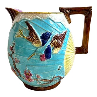 Antique Majolica Wardle & Co. Bird & Fan Large Pottery Pitcher For Sale