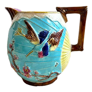 Antique Majolica Wardle & Co. Bird & Fan Large Pottery Pitcher